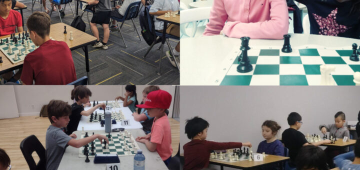 various images of kids playing chess at summer camps.