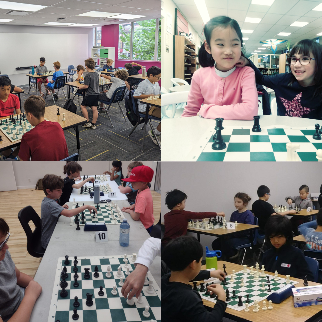 various images of kids playing chess at summer camps.